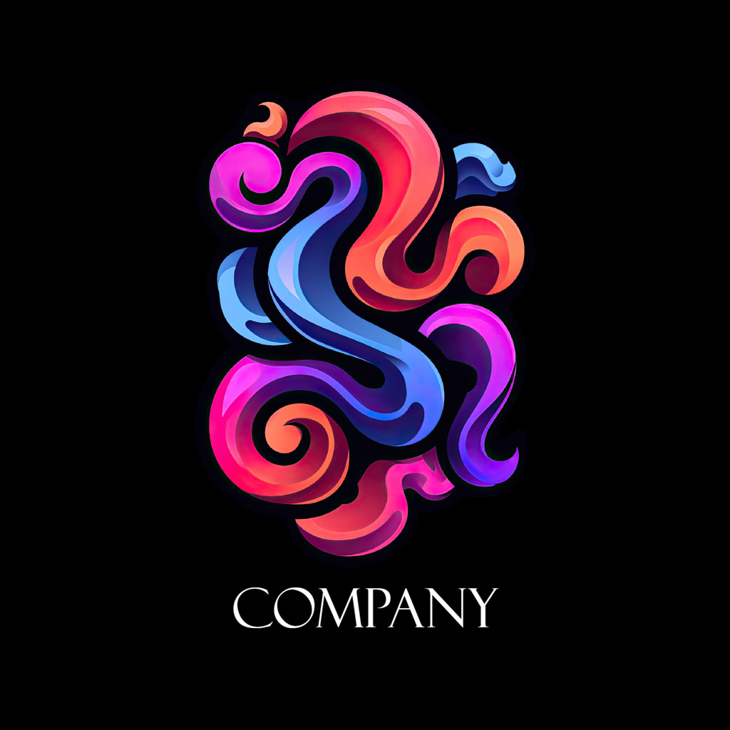 A stylized company logo with swirling pink, blue, and purple shapes on a black background.