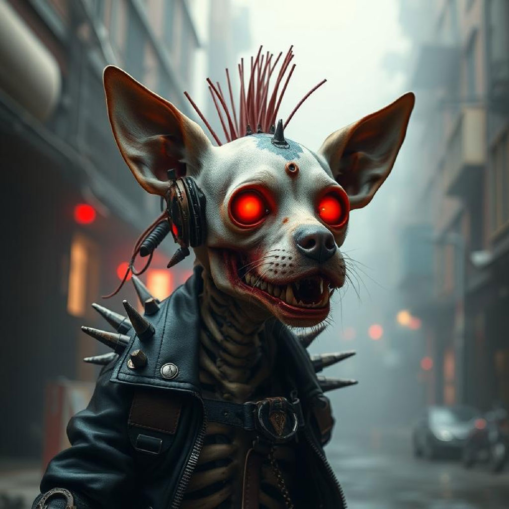 Skeleton with red mohawk and leather jacket holding a microphone