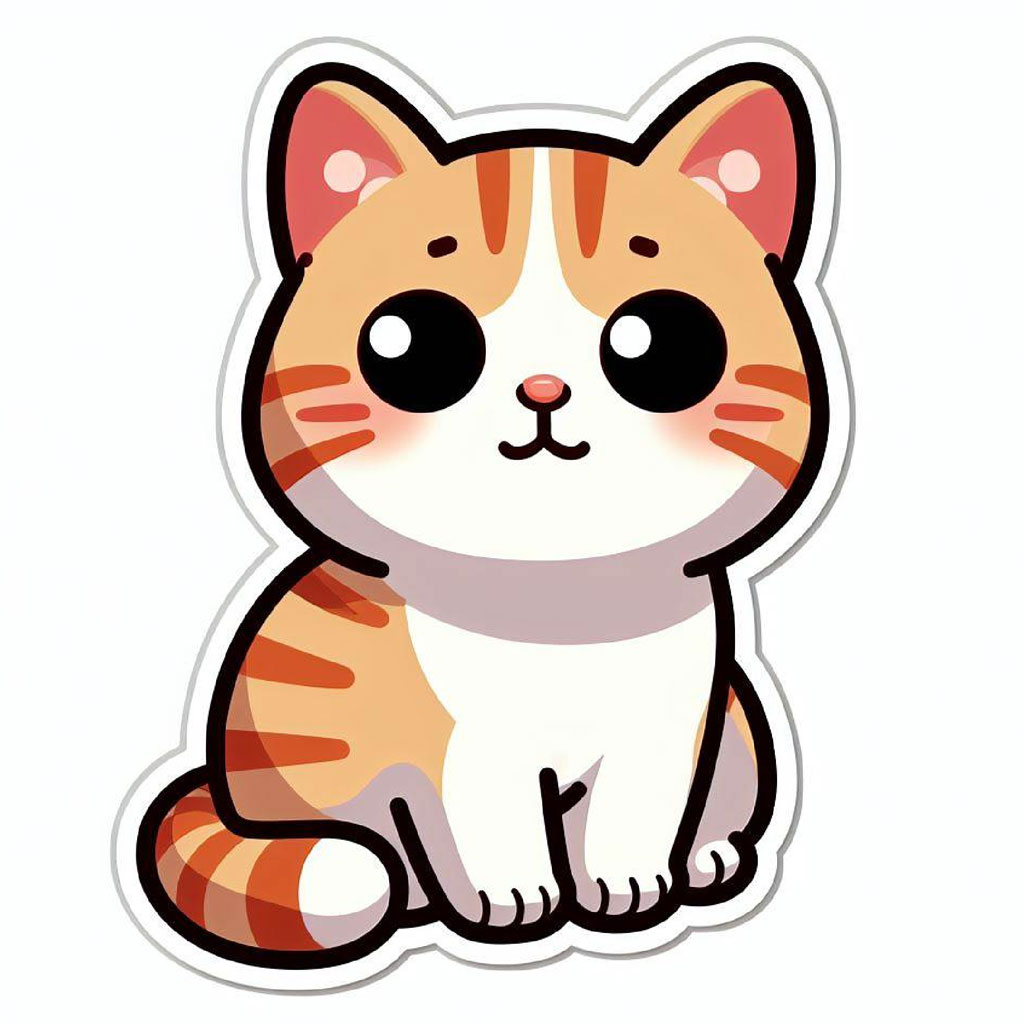 A cute cartoon cat with orange and white fur sitting and smiling