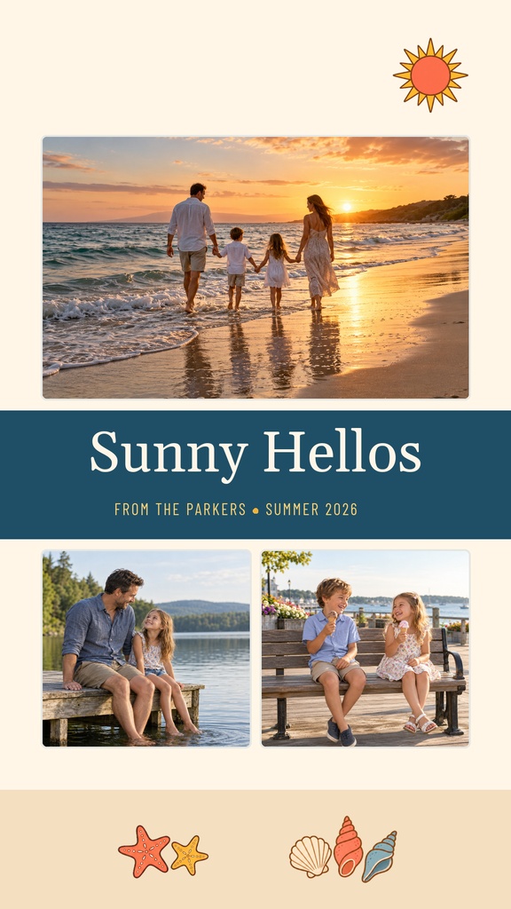 Family walking along the beach at sunset above two smaller beach photos and summer-themed icons