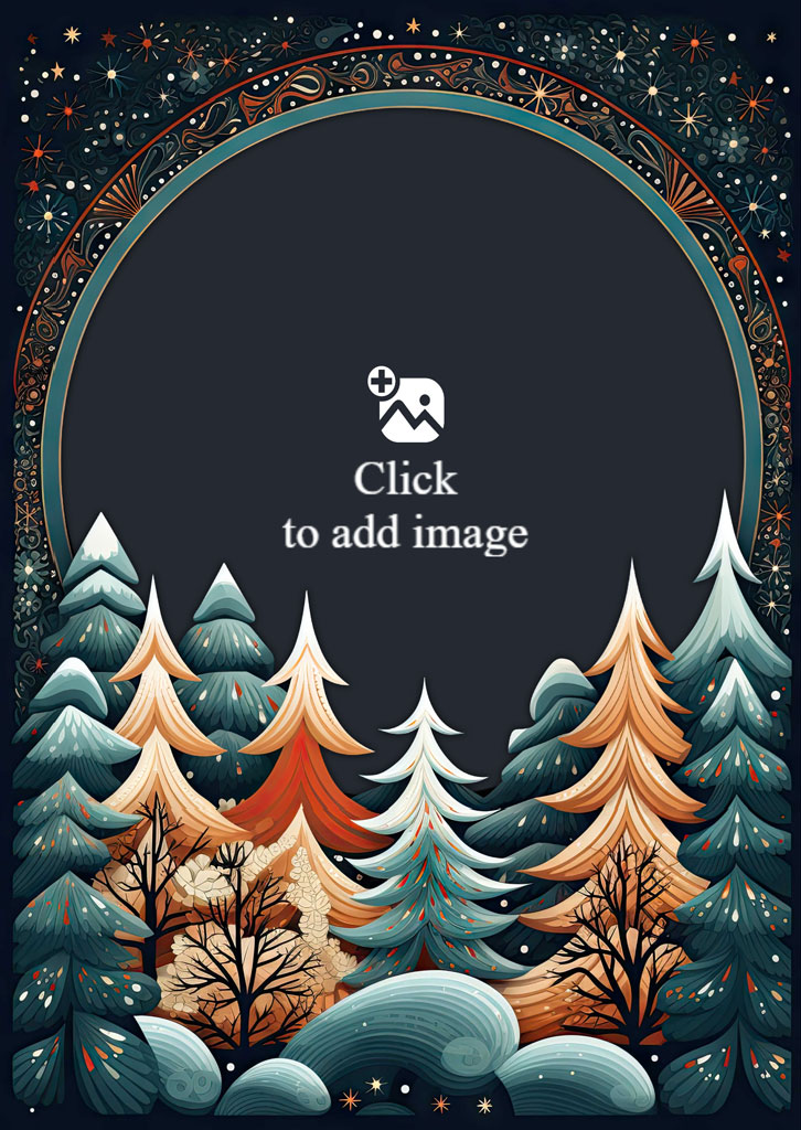 A family of four smiling together in a circular frame surrounded by stylized evergreen trees and a starry night sky.
