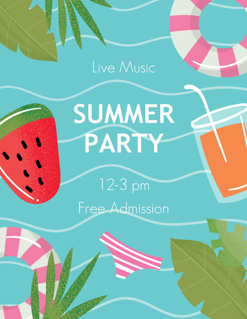 Summer party invitation with watermelon, drink, and pool floats