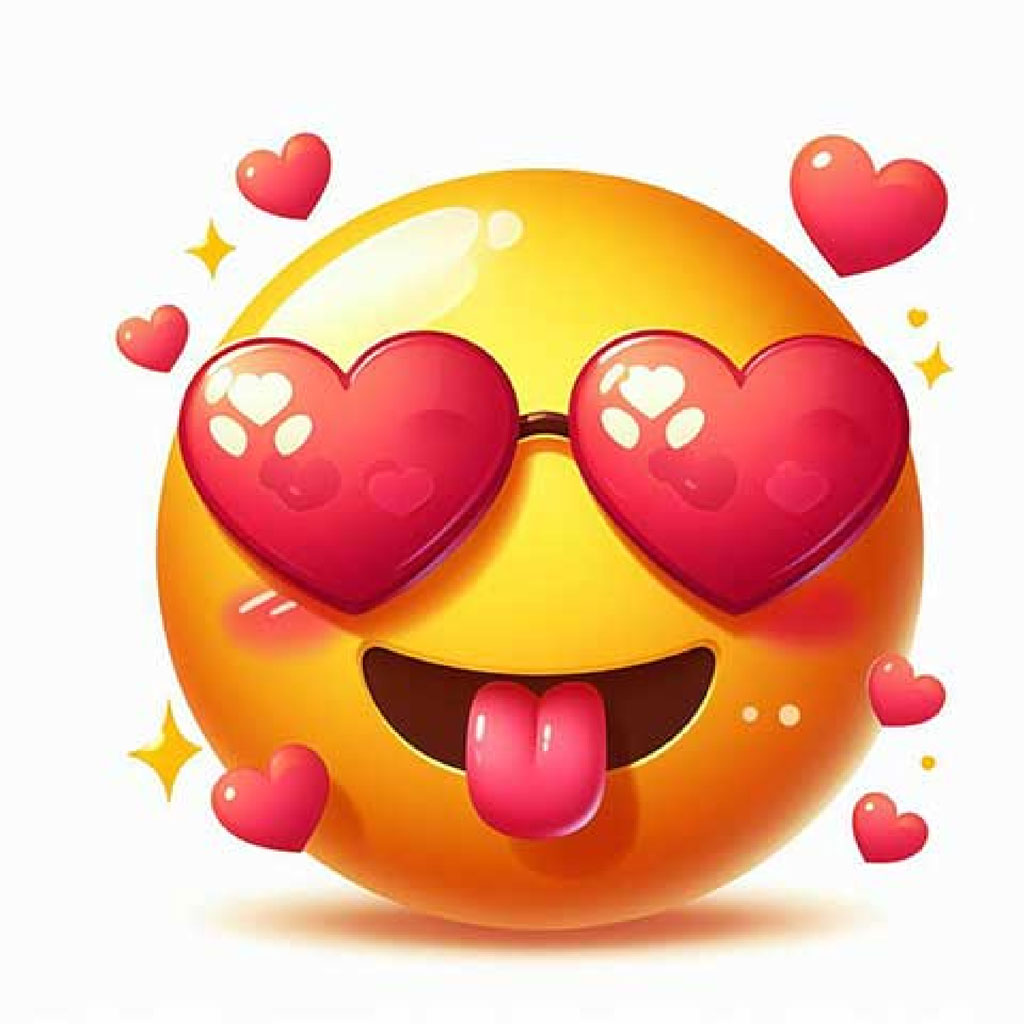 Yellow smiley face with heart-shaped sunglasses and tongue out, surrounded by hearts