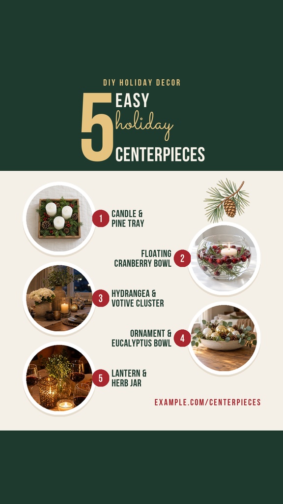Instagram Story layout showing five easy holiday centerpiece ideas with numbered photos and labels.