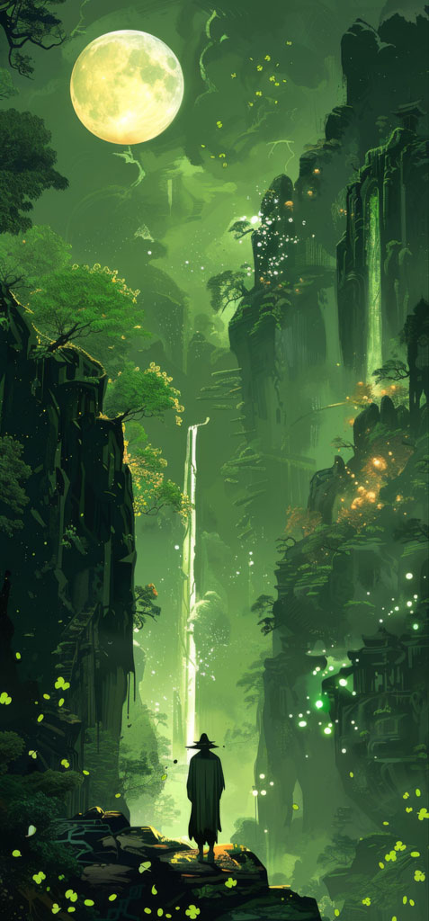 A wizard in a long robe and hat stands on rocks before a tall waterfall in a mystical green landscape with fireflies and a full moon.