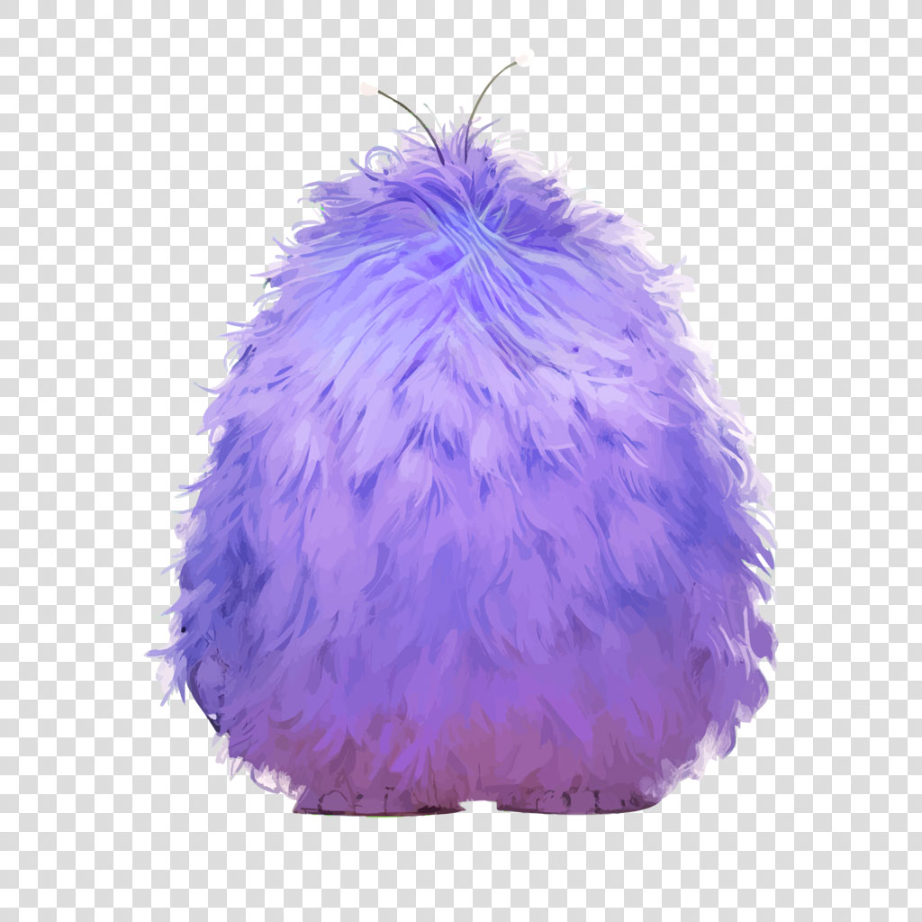 A purple plush toy with a fuzzy texture and small legs.
