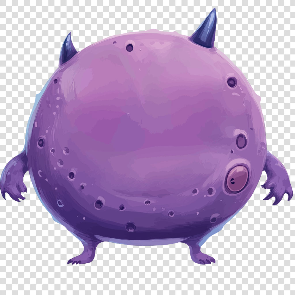 A purple monster with two horns and small holes on its round body.