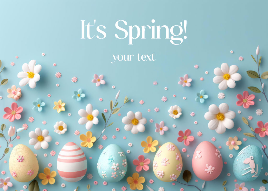 Colorful Easter eggs and flowers on a light blue background