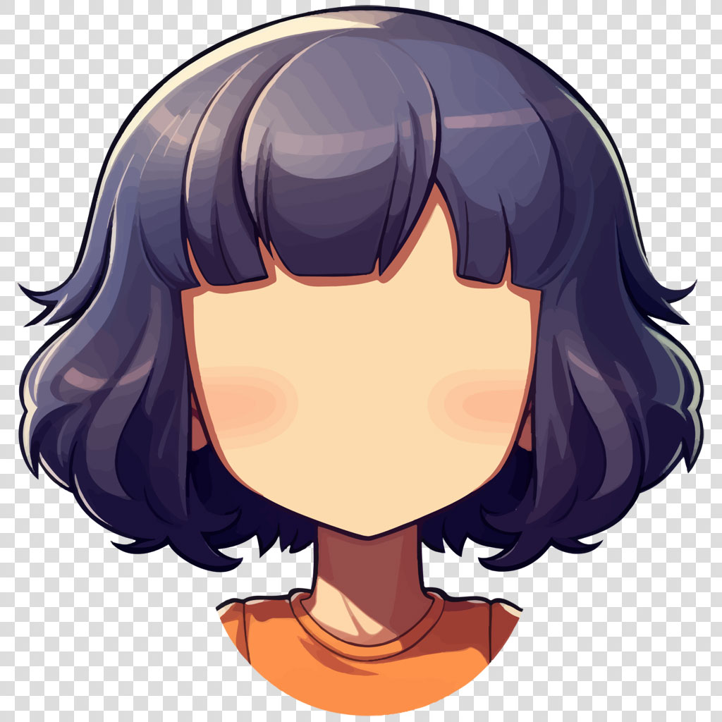 Cartoon anime girl with dark hair and orange shirt