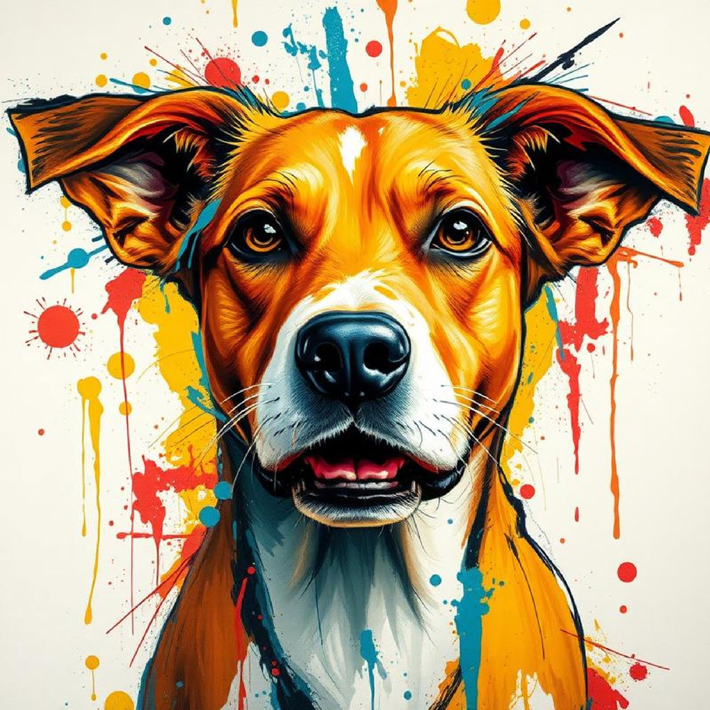 A woman with black hair and red lips, surrounded by colorful paint splatters