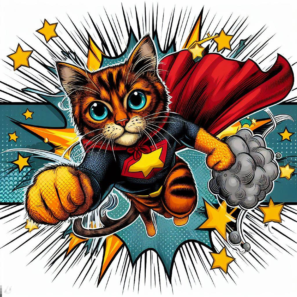 Cartoon cat with yellow eyes and outstretched paws