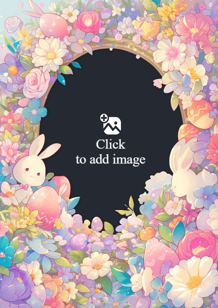 Easter-themed floral frame with white bunnies and colorful flowers