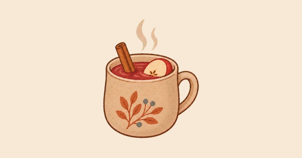 Illustrated mug of warm cider with a cinnamon stick and apple slice on a beige background.