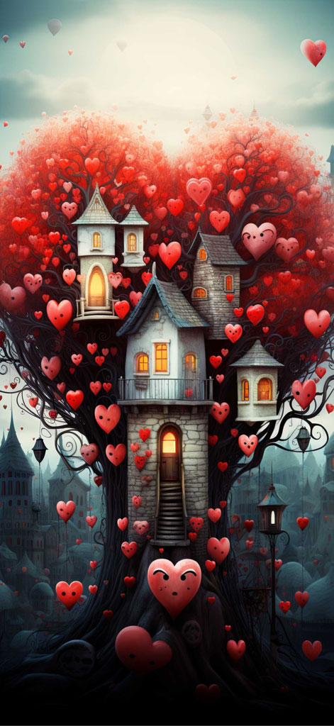 A fantastical treehouse with red hearts and a mystical cityscape