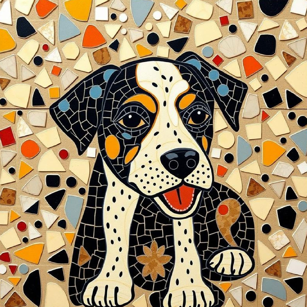 Mosaic artwork of a dog's face and front paws