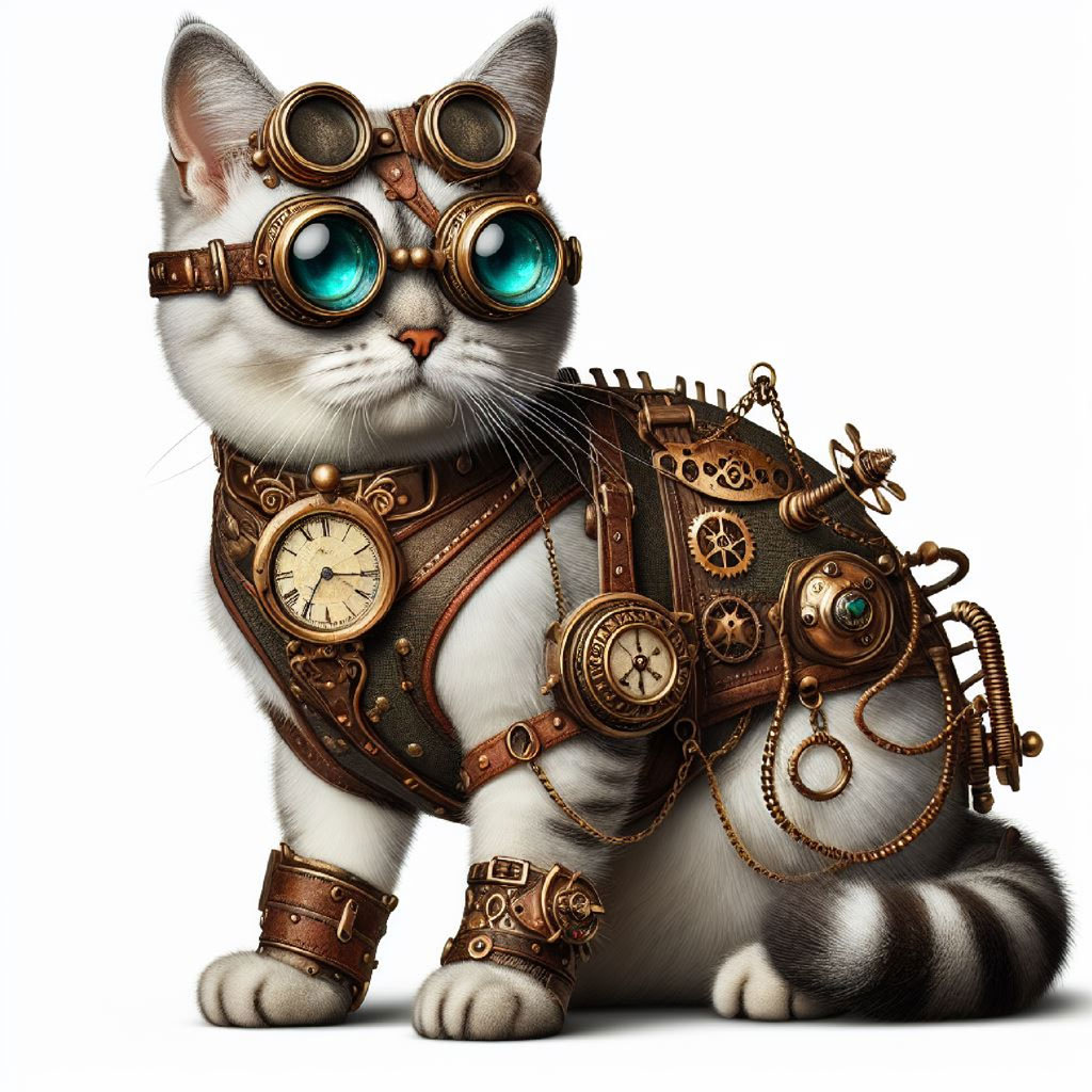 A steampunk cat with goggles and mechanical parts on a white background.