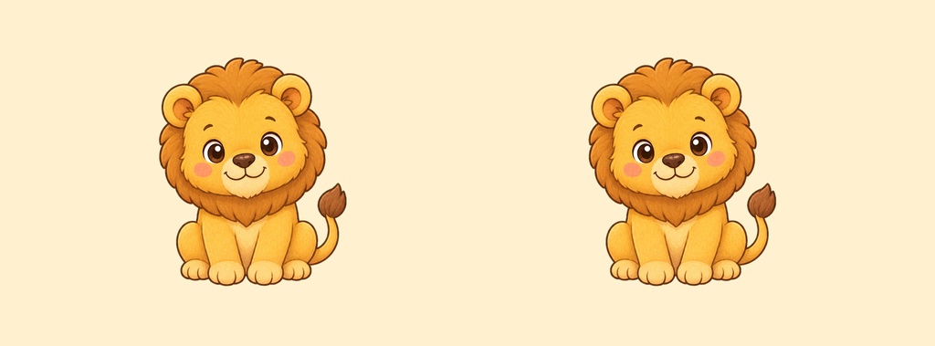 Two cute cartoon lion cubs sitting on a soft yellow background.