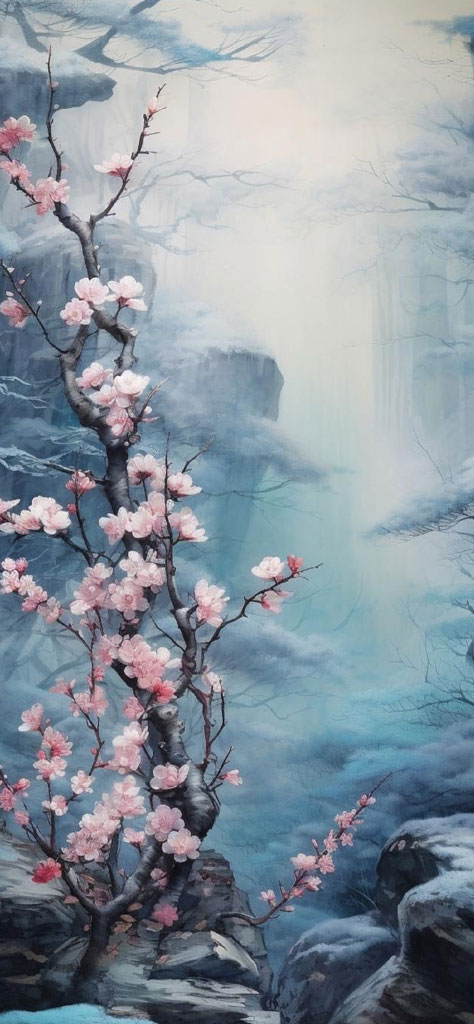 A painting of a serene waterfall landscape with a blossoming tree