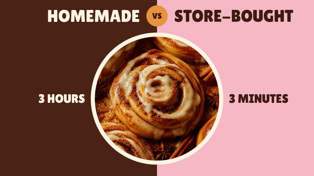 Pink and brown YouTube thumbnail comparing homemade versus store-bought cinnamon rolls.