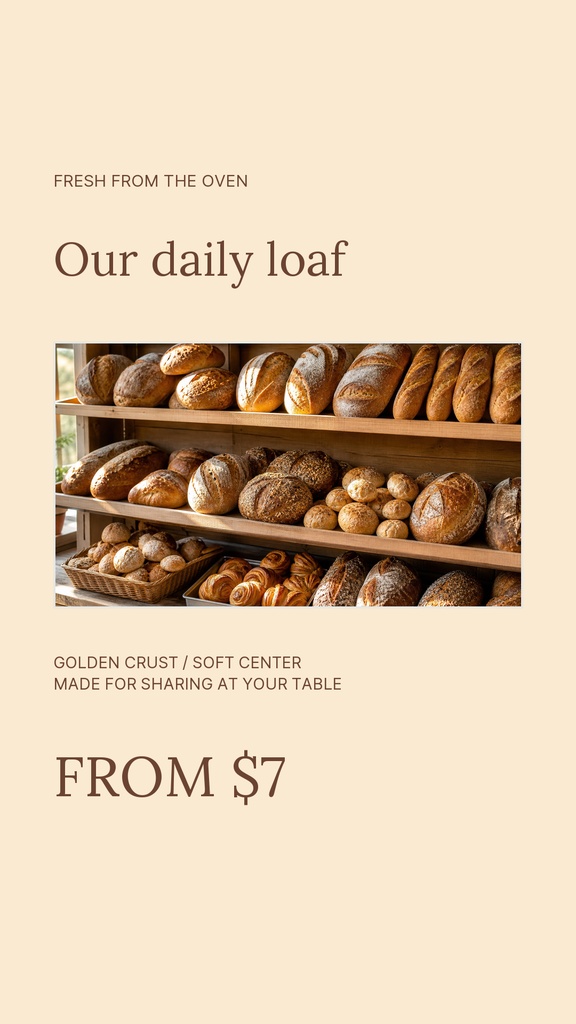 A beige Instagram story layout with fresh bread photos and bakery text.