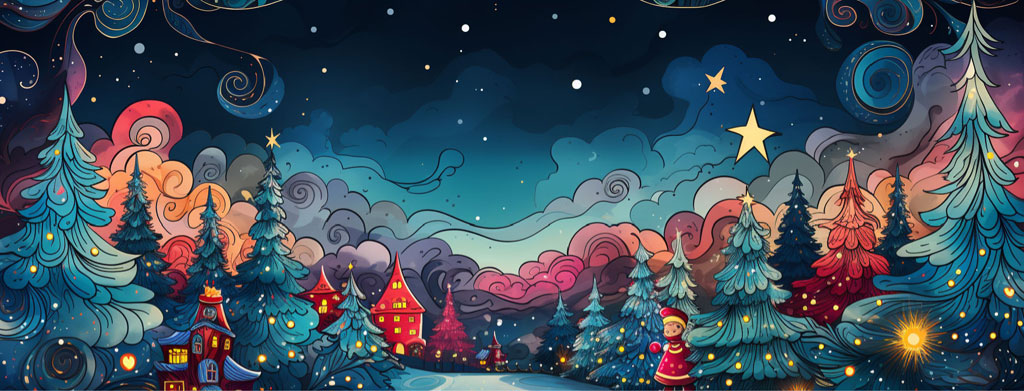 A colorful, whimsical illustration of a snowy night scene with trees, houses, and stars.