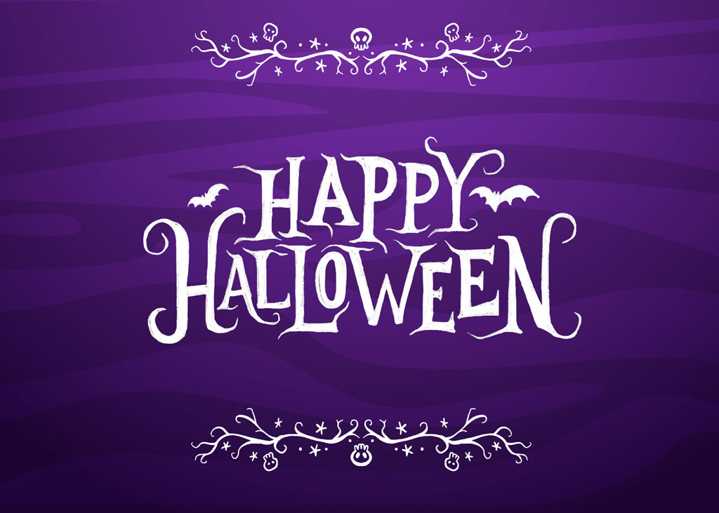 Happy Halloween text with bats and decorative vines on a purple background
