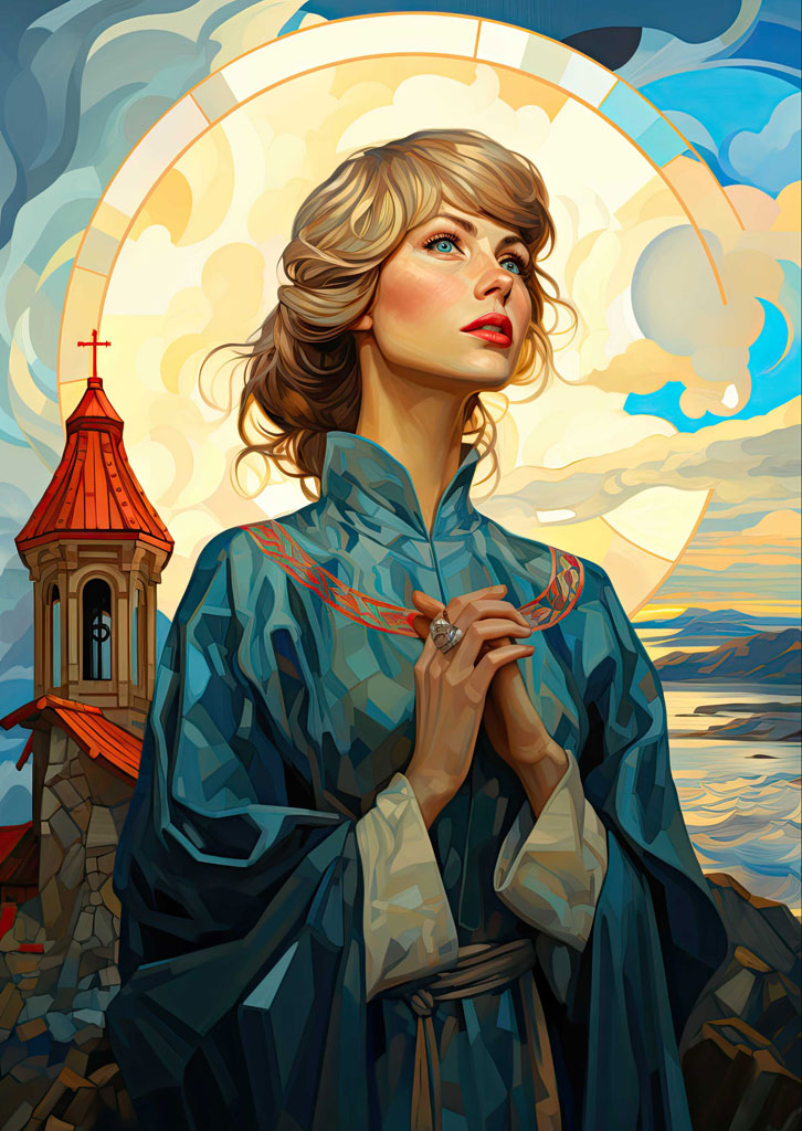 Taylor Swift in blue robe with hands clasped in prayer