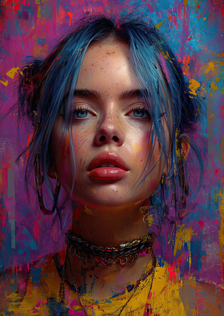 A close-up portrait of a young woman with blue hair and blue eyes, wearing a yellow top and multiple necklaces, set against a vibrant, mult彩