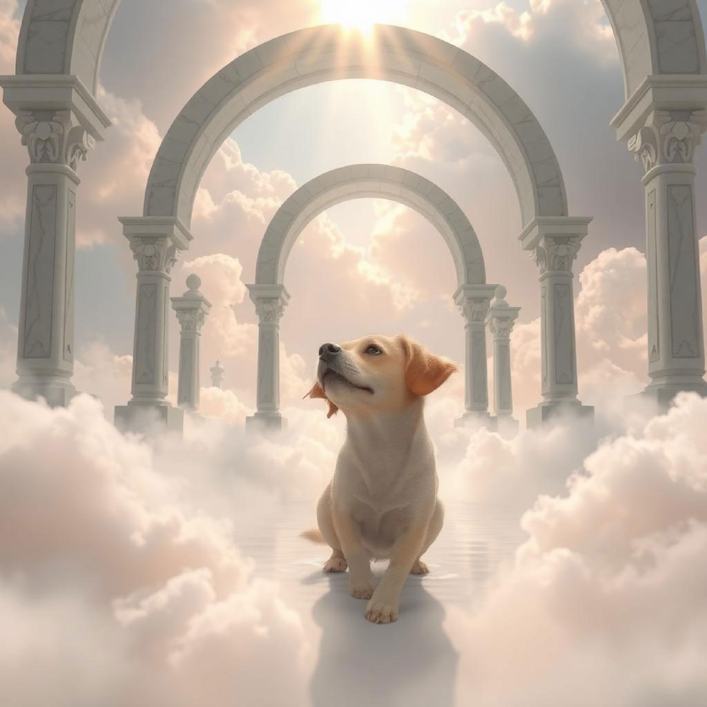 A white archway with columns, surrounded by clouds and illuminated by sunlight.