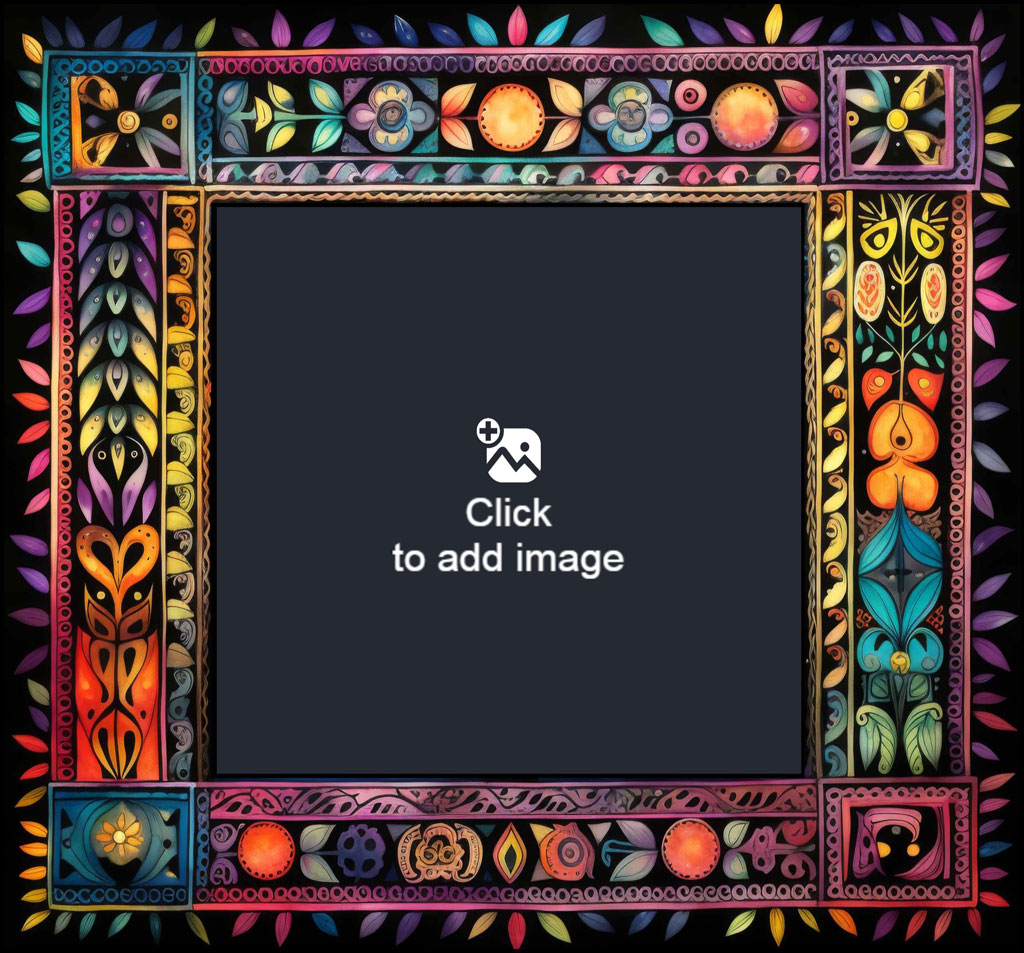 A vibrant, ornate frame featuring flowers, leaves, and butterflies on a black background.
