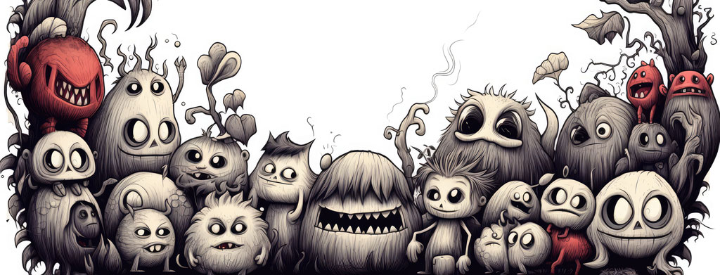 A black and white illustration of various monsters and creatures with different facial expressions.
