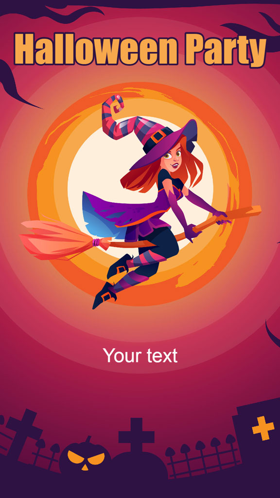 Cartoon witch flying on a broomstick in front of a full moon