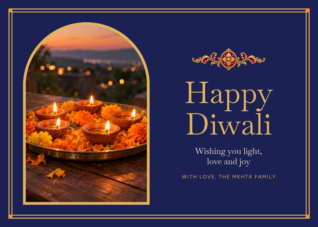 Landscape Diwali greeting card with lit diyas, gold border, and Happy Diwali message on a navy background