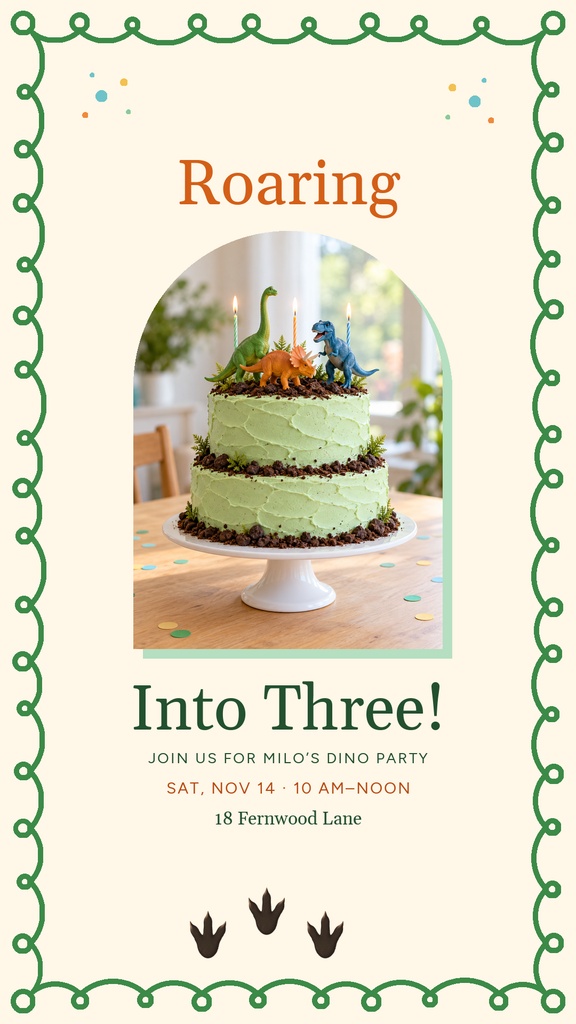 Dinosaur birthday invitation poster with a cake, green border, and Roaring Into Three text.