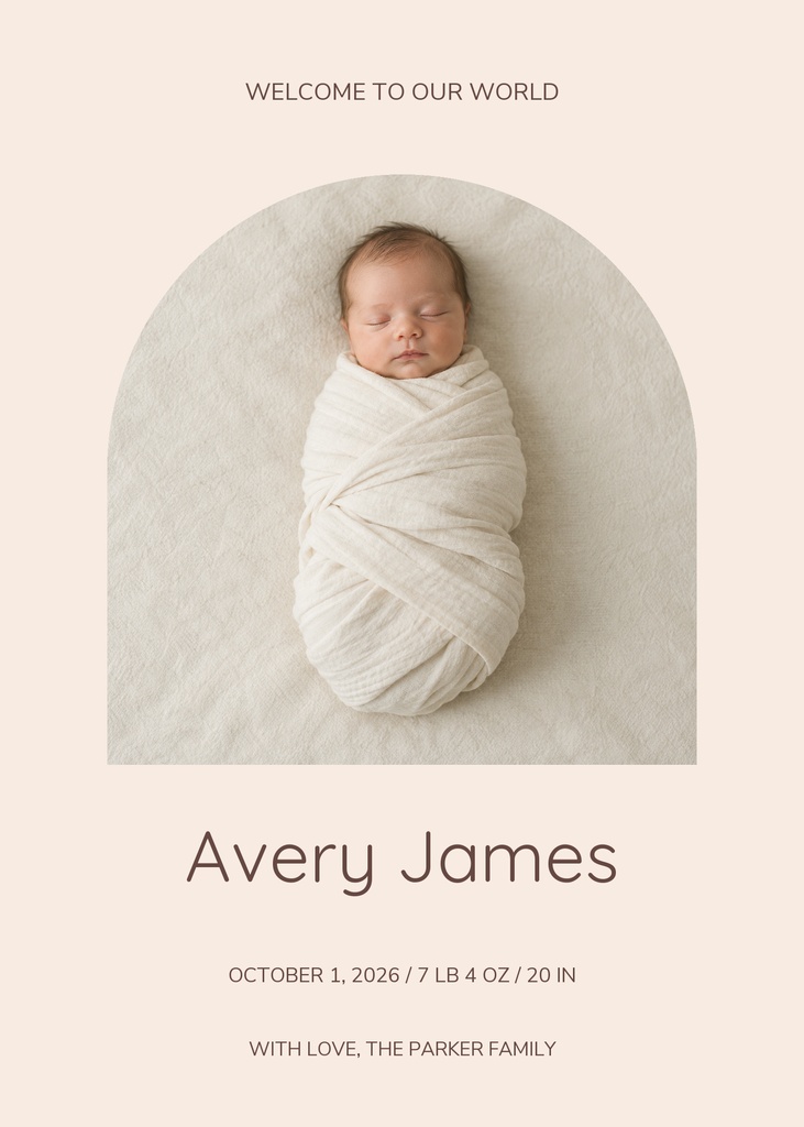 Preview for Welcome, Little Avery Portrait Birth Announcement Template