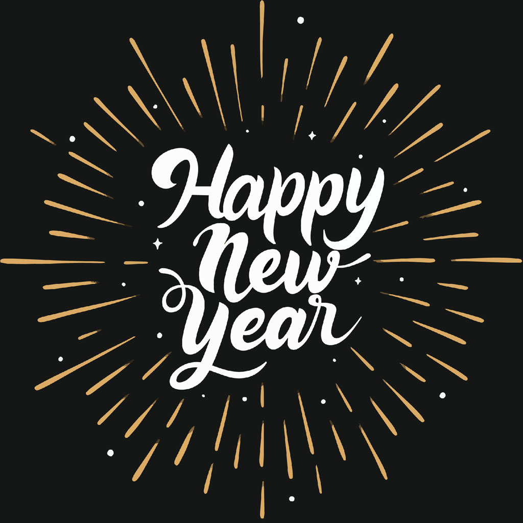 Happy New Year greeting with gold lines on black background