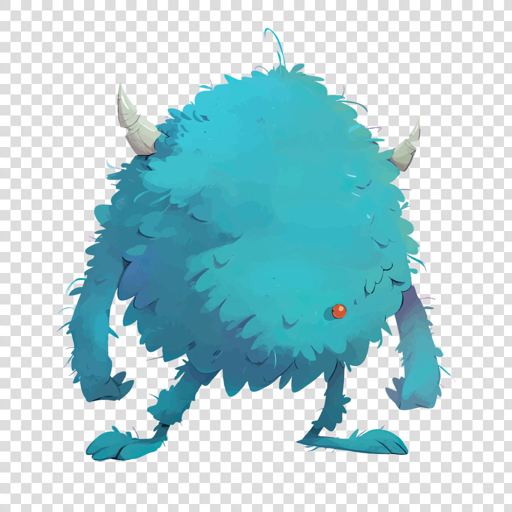 A blue, furry monster with two white horns and a red eye.
