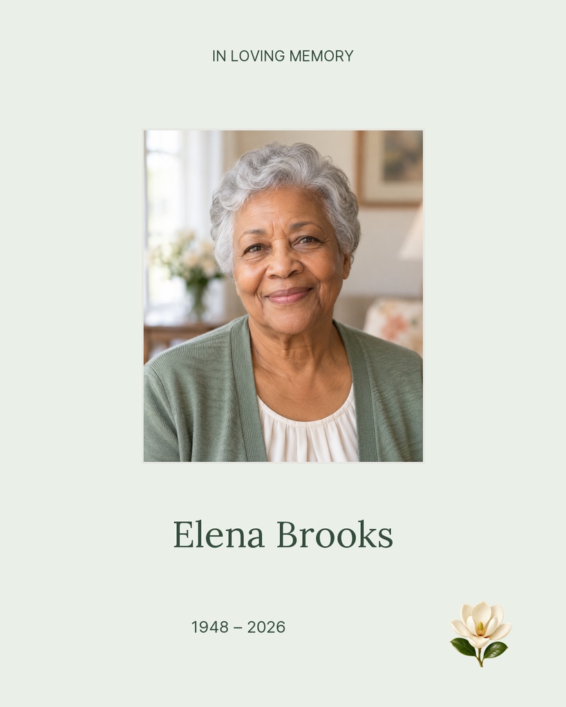 A memorial portrait post with an elderly woman, in loving memory text, name, dates, and a small flower illustration.