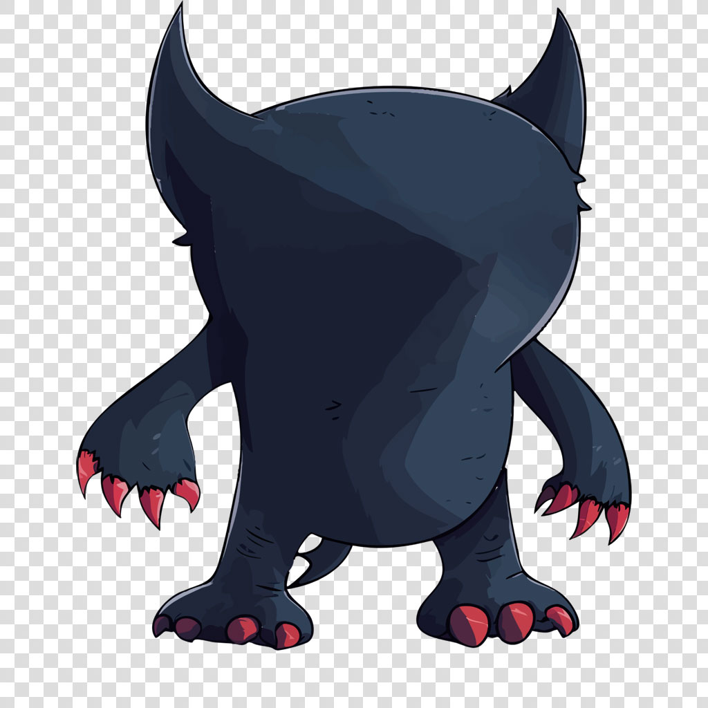 A dark blue cartoon creature with red claws and sharp teeth.