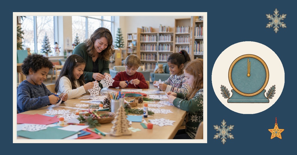 Children and an adult make holiday crafts at a library table with winter decorations and a clock graphic.
