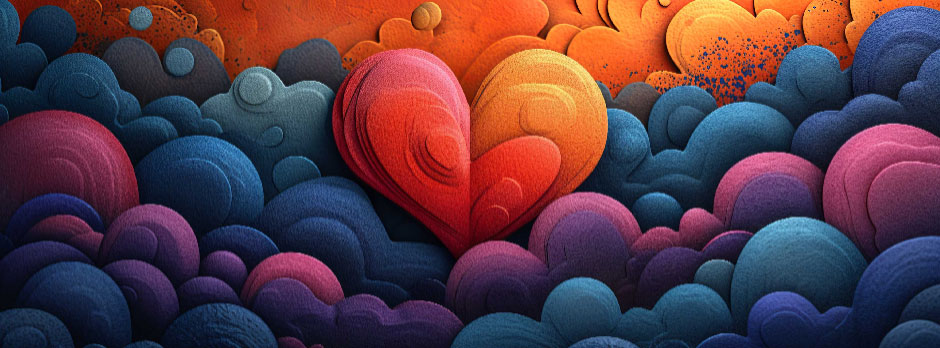 A large heart-shaped object stands out among numerous smaller, multicolored spheres.