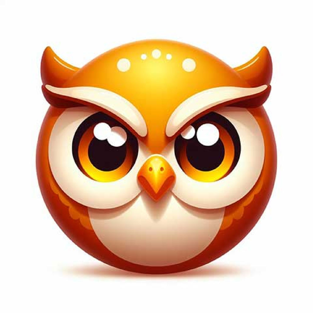 A 3D cartoon owl with large round eyes and brown and white feathers.