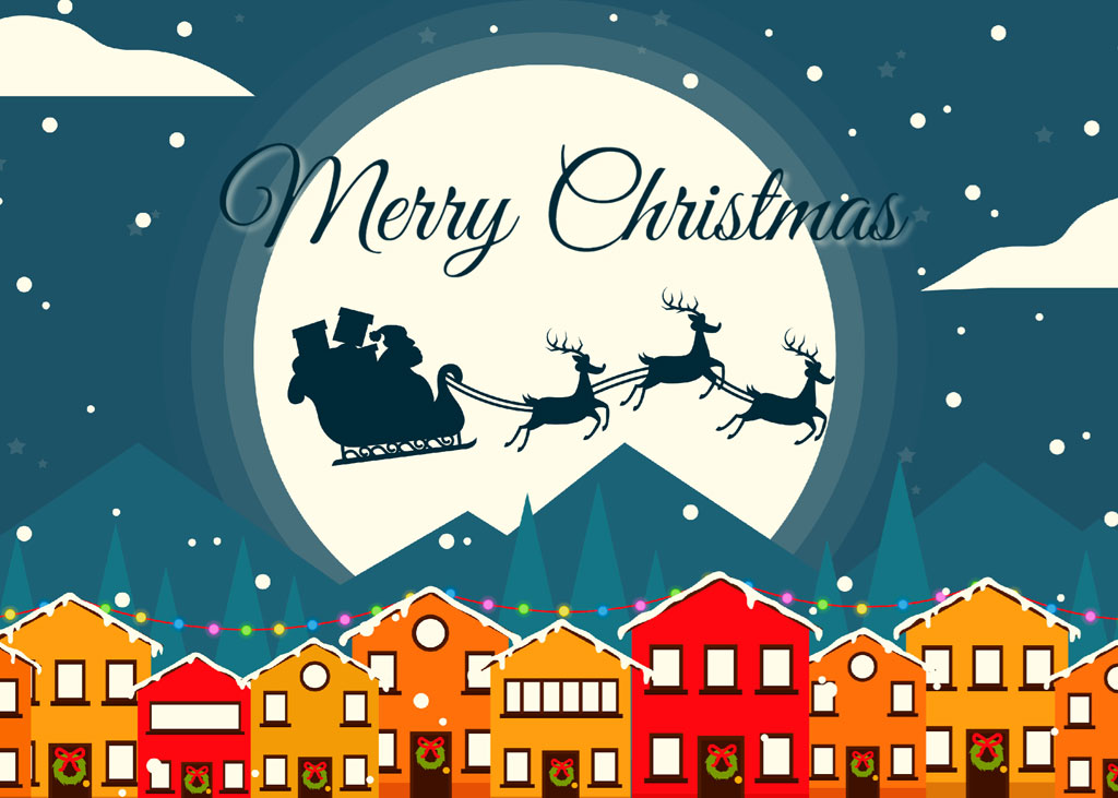 Merry Christmas illustration with Santa's sleigh and reindeer over a snowy village