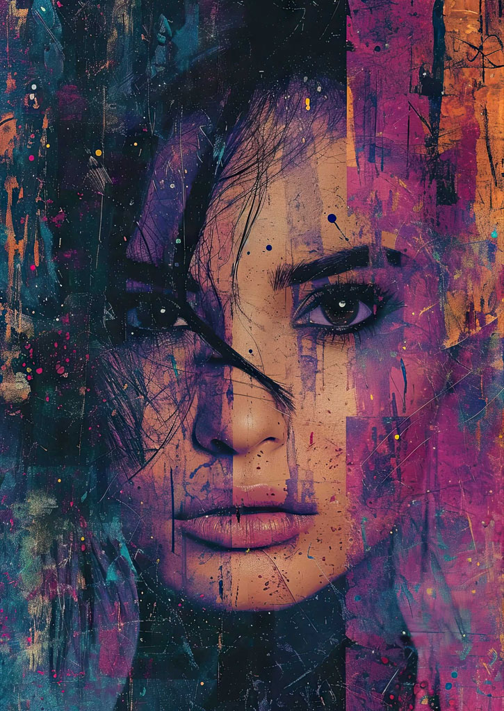 Abstract portrait of a woman's face with colorful splatters and textures