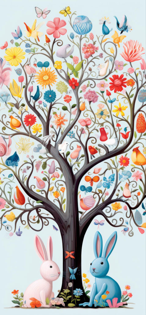 Illustration of a colorful tree with rabbits and various wildlife