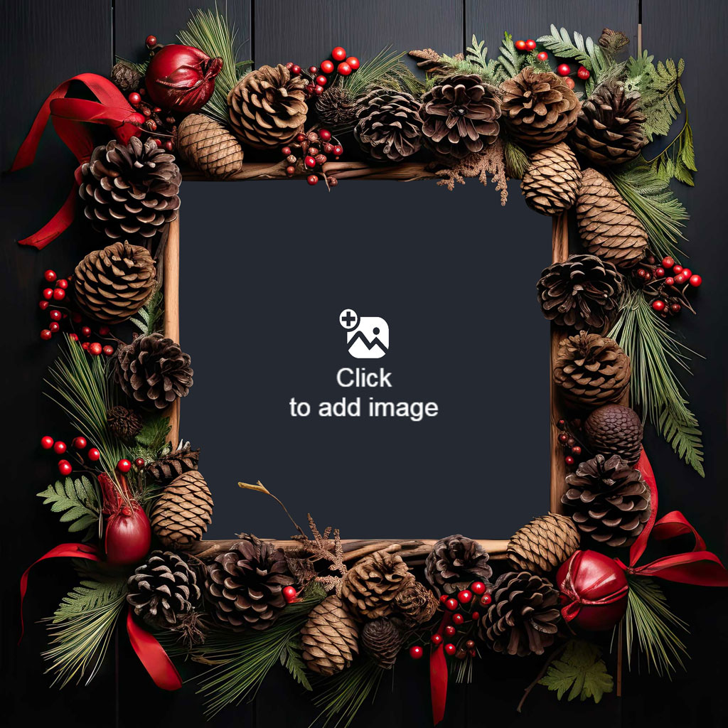 A Christmas-themed picture frame adorned with pinecones and red ornaments, containing a family photo.