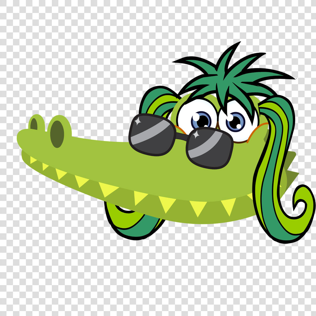 Cartoon crocodile with sunglasses and green hair