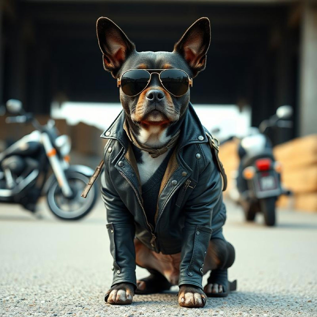 Man in black leather jacket and sunglasses standing in front of motorcycles
