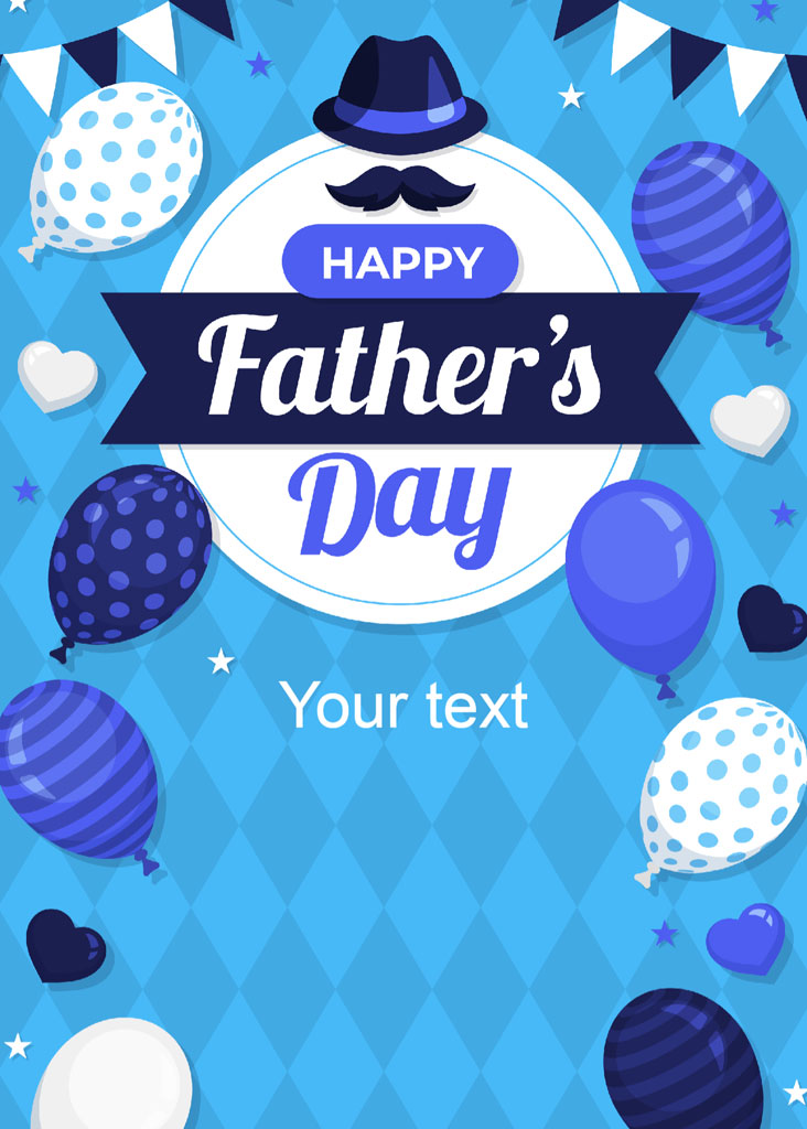 Father's Day greeting card with blue balloons and a mustache hat