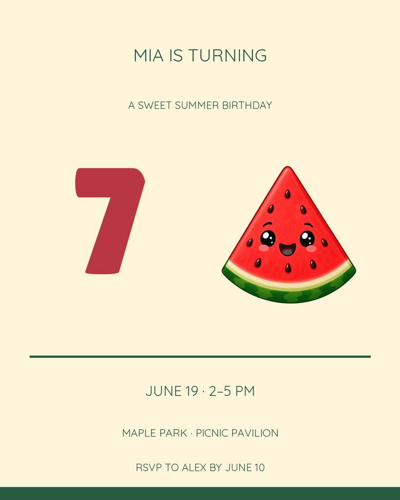 Portrait birthday template with a large number seven, watermelon illustration, and party details.